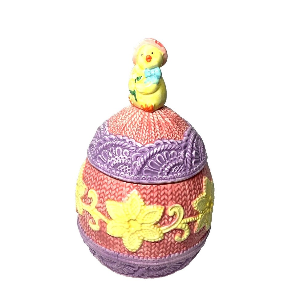 Egg Shaped Embossed Ceramic Jar with Chick on Top 10.5" x 6"